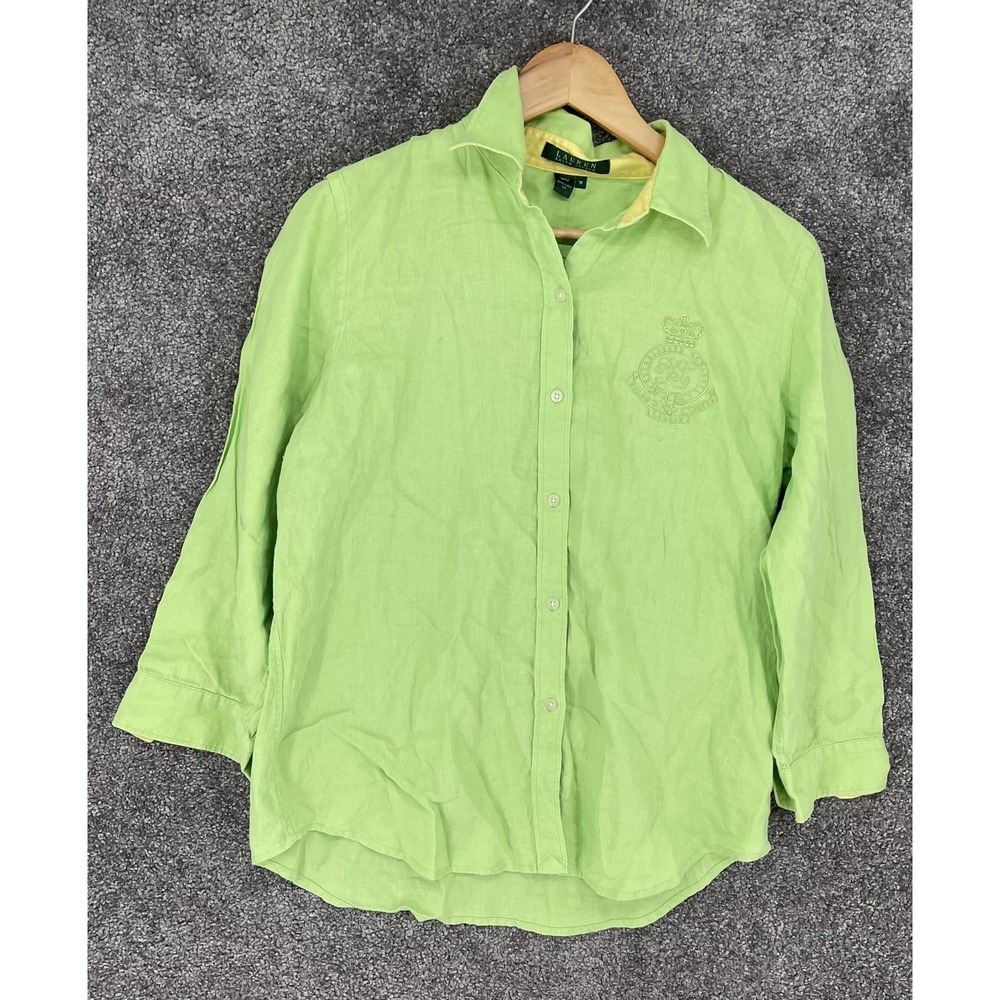 Lauren Ralph Lauren Lime Green Linen Button Up Shirt Embroidered Crest Size M